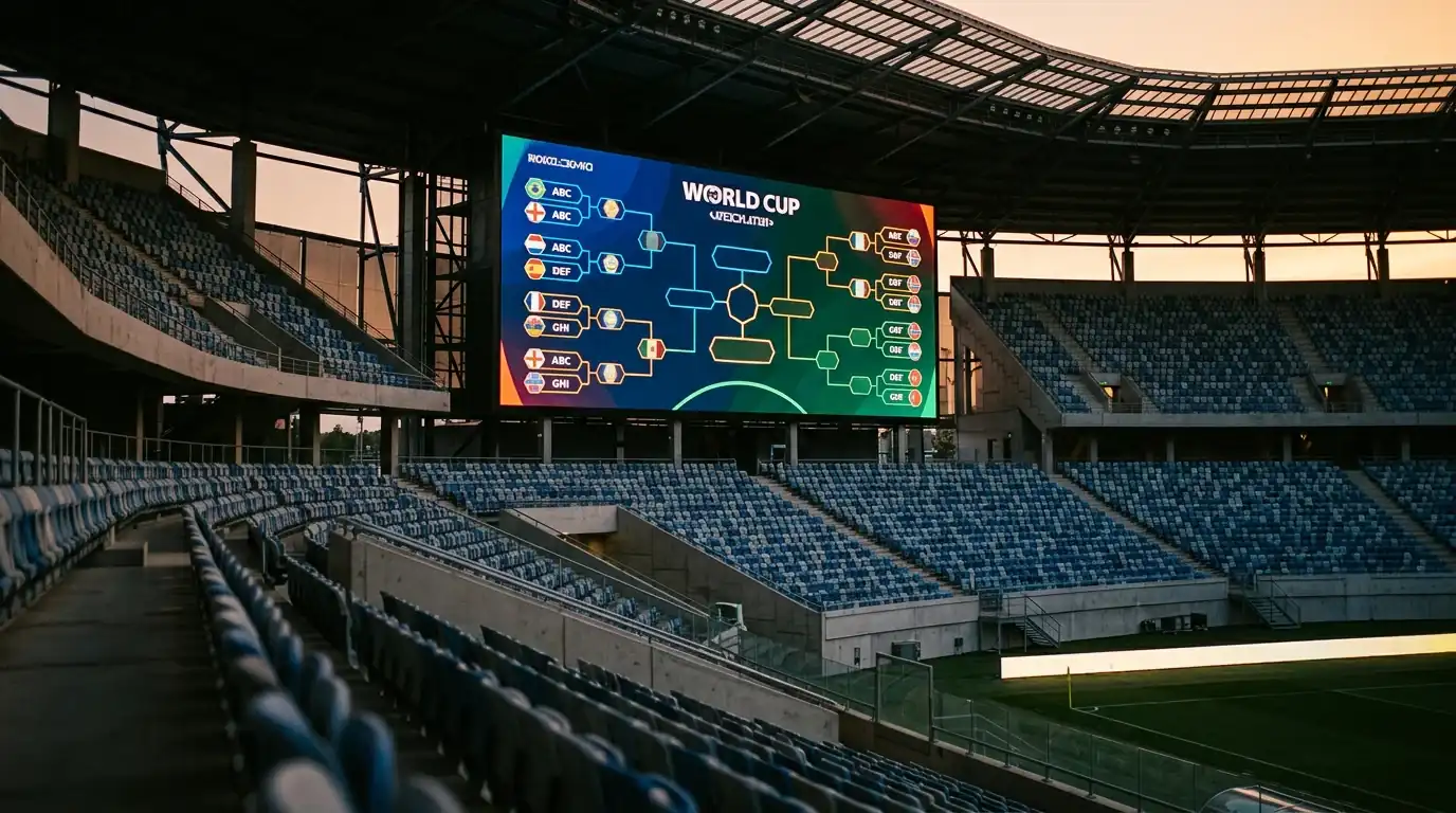 MM-kisojen 2026 pudotuspelikaavio suurella näyttötaululla stadionilla