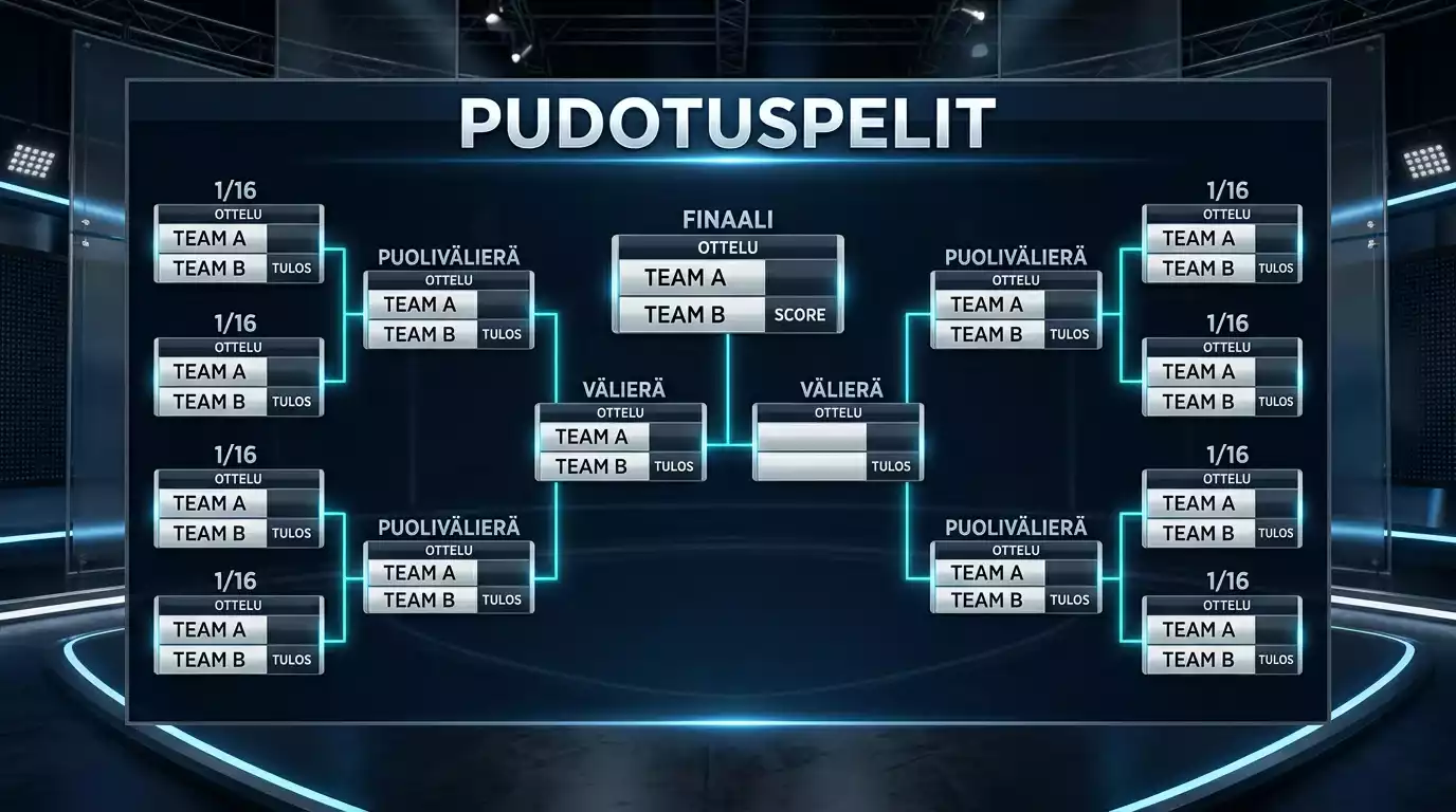 MM-kisojen 2026 pudotuspelikaavio näyttötaululla