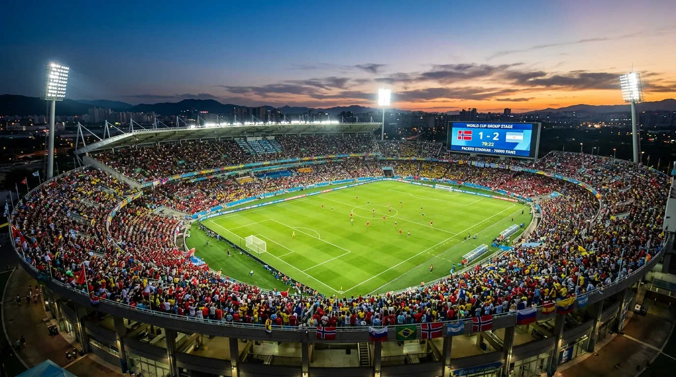 Moderni jalkapallostadion täynnä katsojia kesäiltana Pohjois-Amerikassa