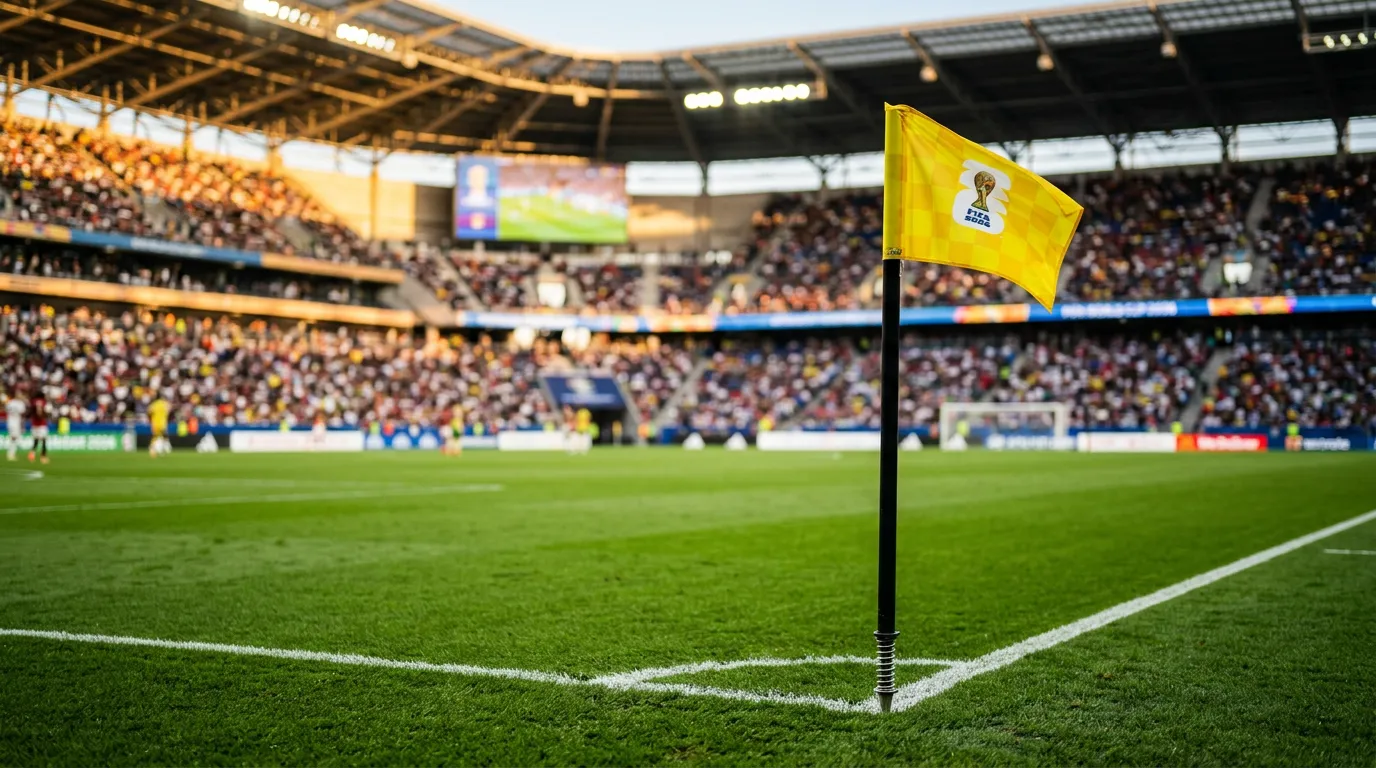 Jalkapallokentän kulmalippu ja nurmi stadionissa ennen ottelua