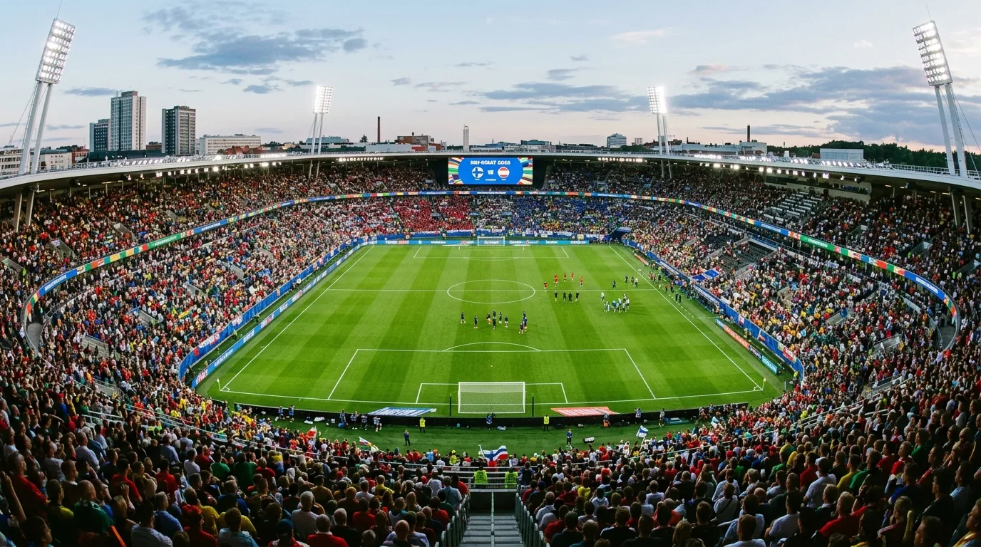 Jalkapallostadion täynnä katsojia ennen MM-kisaottelun alkua