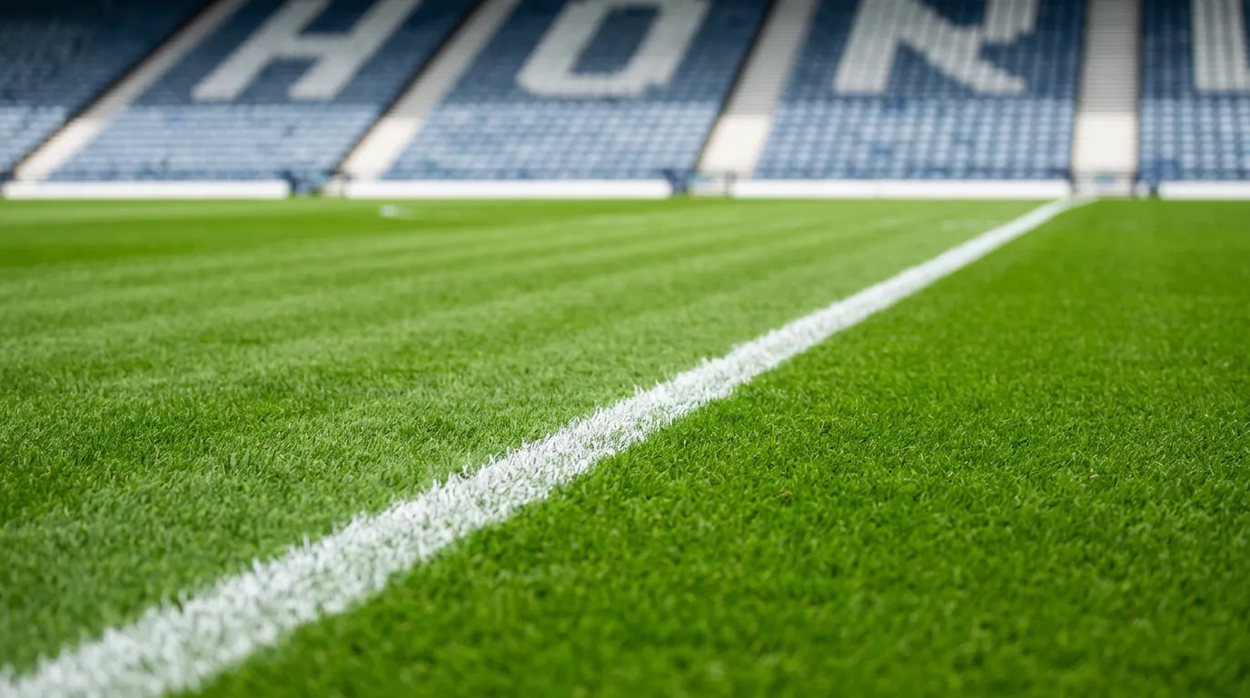 Jalkapallokentän nurmi lähikuvassa stadionin katsomon edessä