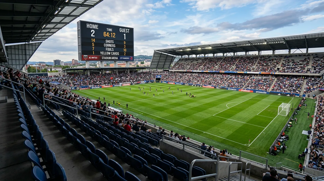 Jalkapallostadionin tulostaulu ja kenttä ottelupäivänä MM-kisoissa