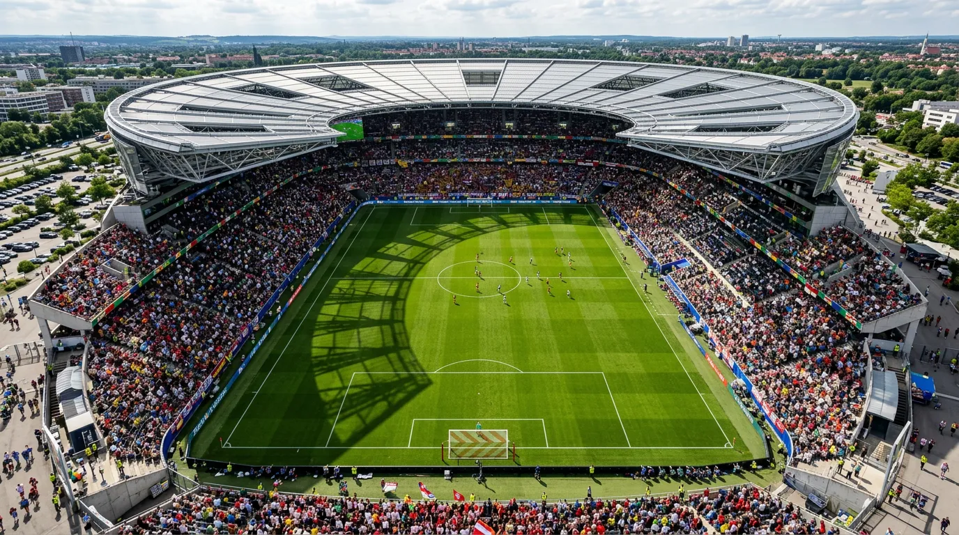 Jalkapallokenttä ylhäältä kuvattuna stadionissa MM-kisojen lohkovaiheen ottelussa
