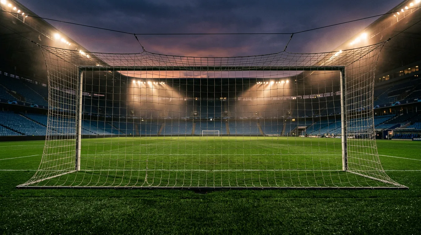 Jalkapallokentän maali ja verkko tyhjässä stadionissa iltahämärässä