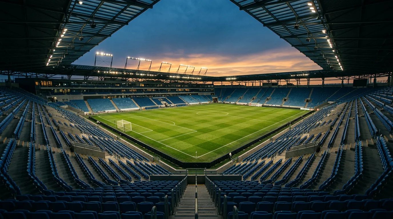 Jalkapallostadionin katsomo ja kenttä iltavalaistuksessa MM-kisojen otteluympäristönä