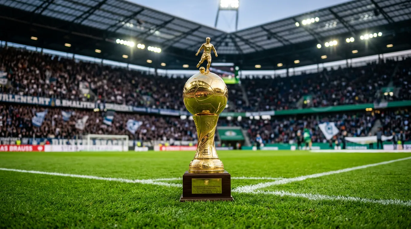 Jalkapallon MM-kisojen pokaali jalkapallokentän nurmella stadionissa